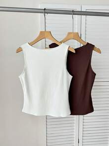 SHEIN BAE Women's 95% Cotton Sleeveless Tank 2 Packs - Brown & White, Breathable, Summer Work Basic - Multicolor - View 8