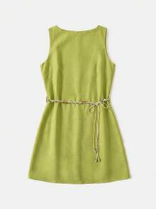 lacRébo Elegante vestido mini de lino verde de corte holgado con cinturón de cuentas estilo bohemio, estilo francés para vacaciones de verano - Beis - Ver 7