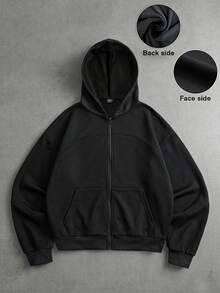 Manfinity Hypemode Men's Solid Color Long Sleeve Zip-Up Casual Hoodie - Black - View 3