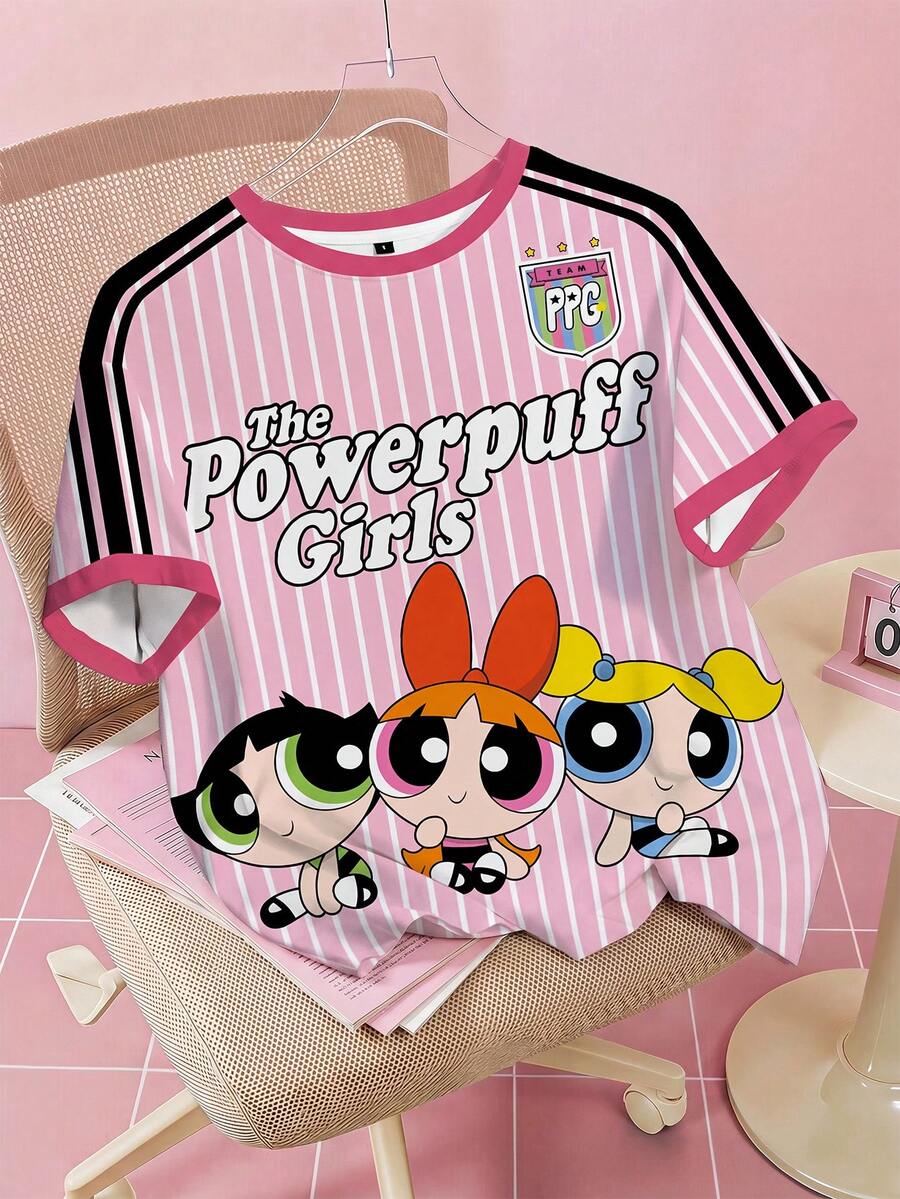 THE POWERPUFF GIRLS X SHEIN 女款夏季休閒條紋卡通字母印花T恤 - 白色 - 查看 1