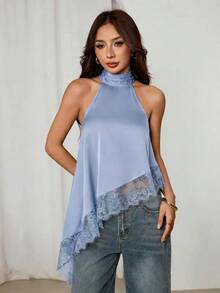 SHEIN PETITE 不對稱高領掛脖上衣 蕾絲飾邊 晚宴派對款 - 淺藍色 - 查看 5