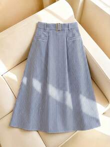 GlowEve CURVE Women's Fashion Elegant A-Line Striped Skirt With Elastic Waistband, Invisible Zipper And Metal Button, Suitable For Daily, Commuting And Business Wear - Blue - View 3