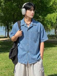 DAZY 男士夏季短袖藍色水洗復古字母印花休閒牛仔襯衫 - 藍色 - 查看 6
