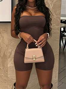 INAWLY Solva Women's Fashion Casual Sexy Backless Lace-Up Tight Jumpsuit - Coffee Brown - View 2