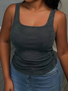 Slaydiva Plus Size Women's Solid Color Square Neck Tank Top With Washed Padded Chest - Black - View 5