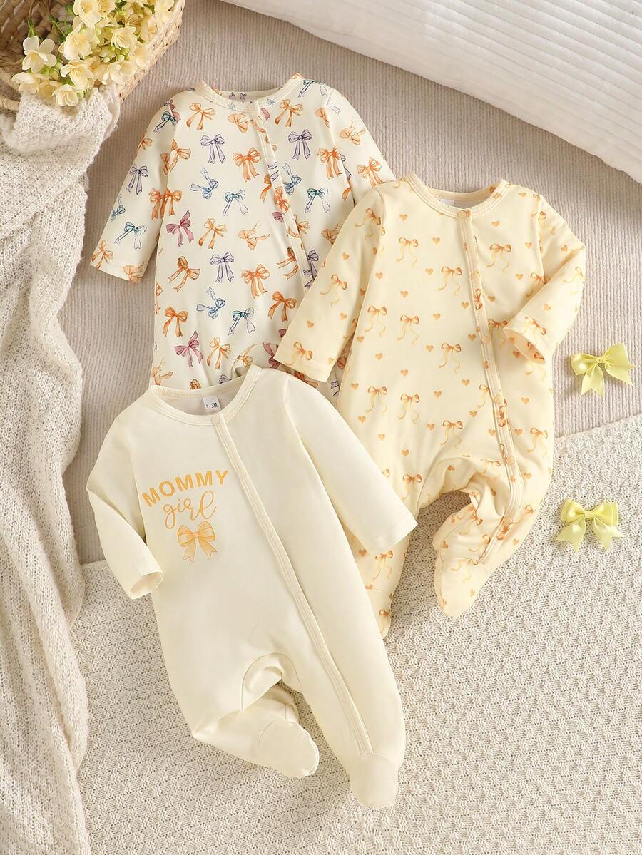 SHEIN 新生兒嬰兒 3 件套可愛粉色夏季連身褲 針織愛心滿版印花 MOMMY 女寶蝴蝶結長袖按扣家庭套裝