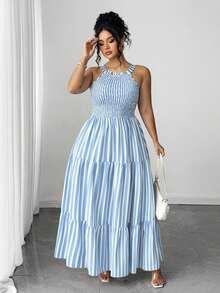 Elenzga Plus Size Women's Halter Neck Blue And White Vertical Striped Waist-Defining Elegant Dress - Baby Blue - View 4