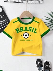 SHEIN Camisetas de Verano Ropa de Primavera y Verano Ropa de Primavera Verano Otoño Niños Casual Moda Creativa Personalidad Refrescante Fresco Minimalista Fútbol Brasil Estrella de Cinco Puntas Rayas Color Block Verde y Amarillo Letra Eslogan Estampado Gráfico Camiseta de Manga Corta Estilo Deportivo Casual Básico Cómoda Uso Diario Estilos Acogedores Verano y Otoño Adecuado para Primavera Verano Otoño Niños Outfits Tops - Multicolor - Ver 3