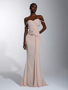 Elitara Elegant Luxurious Sequin Embroidered Lace Patchwork Stretch Knit Mesh Ruched Twisted Rope Design Mermaid Skirt, Suitable For Wedding, Bachelorette Party, Vacation, Prom, Holiday Party, Graduation Season Evening Gown (Heavy Workmanship Style) - Baby Pink - View 5