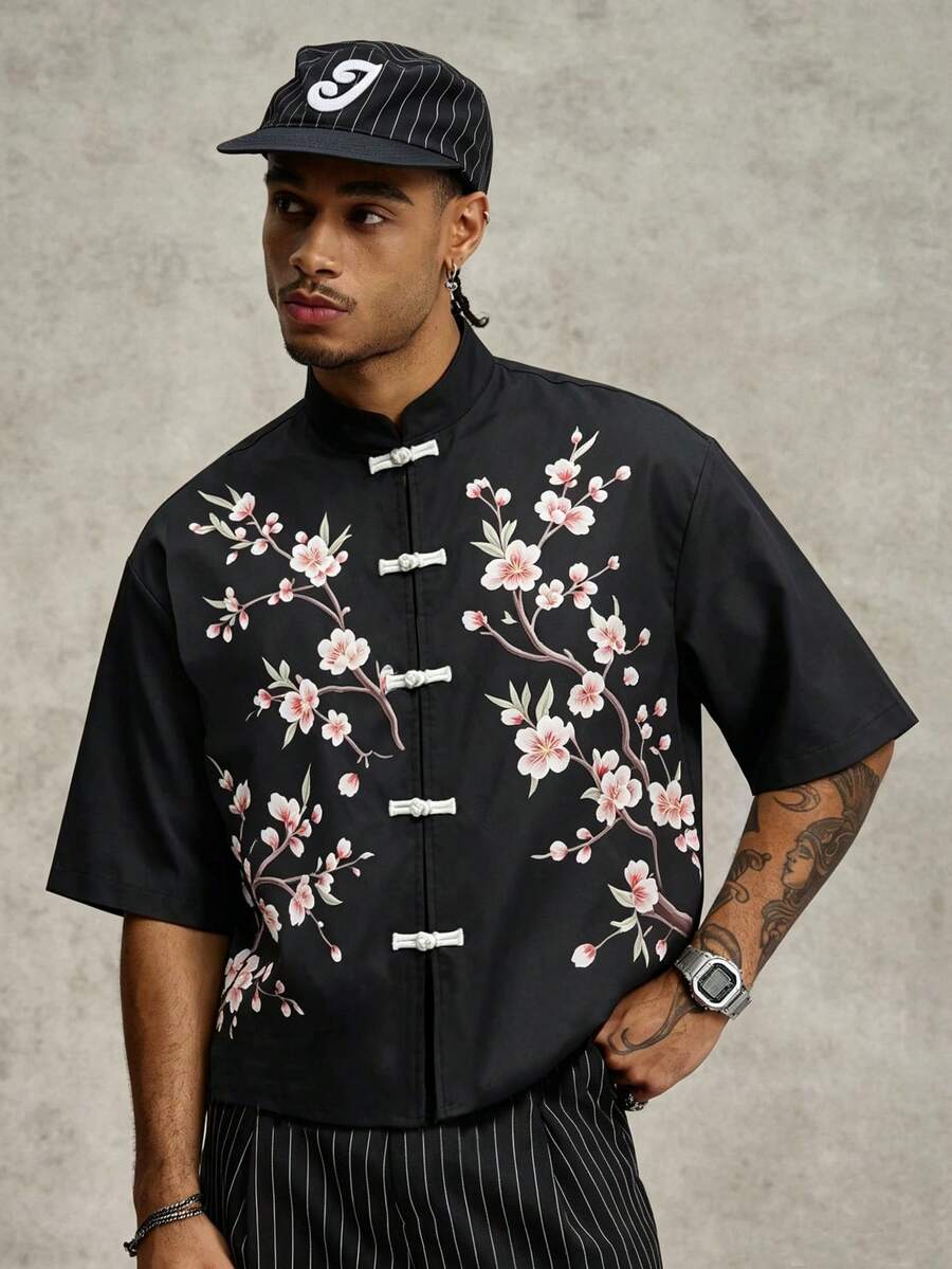 PAVTROS Men's Cherry Pattern Short Sleeve Frog Button Design Shirt, Ceremony - Black - View 1