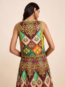 LOTSLUV Women's Summer Vacation Burgundy Print Sleeveless Loose Vest Boho Bohemian Elegant Only Top Going Out - Multicolor - View 2