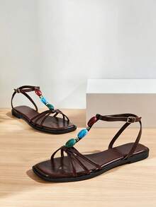 SHUZIA Damen Quadratische Zehenkappe Knöchelriemen Achat Perlen Feine PU Schokolade Flache Sandalen - Stylisch, Chic & Urlaubsbereit - Schokoladenbraun - Übersicht 7