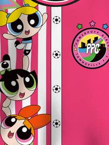 THE POWERPUFF GIRLS X SHEIN 年轻女孩休闲拼色花朵、泡泡、毛茛图案圆领运动衫，秋季 - 白色 - 查看 5