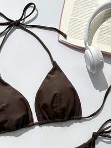 Swim Mod Women's Summer Halter Neck Triangle Cup Side Tie Sexy Dual Fabric Bikini Swimsuit For Beach Vacation - Brown - View 4