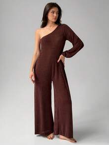 Livesso Women's Solid Color One-Shoulder Casual Daily Home Wear Jumpsuit Long Pants Pajamas - Coffee Brown - View 3