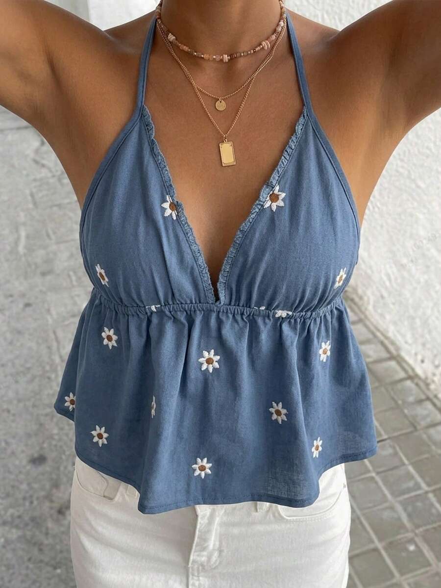 DAZY 女款夏季度假風花卉刺繡滿版印花細肩帶背心 極簡性感休閒背心上衣 Y2K - 藏蓝色 - 查看 1