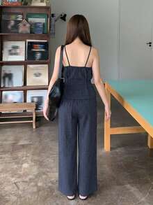 DAZY 女款夏季條紋細肩帶背心上衣與長褲休閒兩件套 - 藏蓝色 - 查看 3