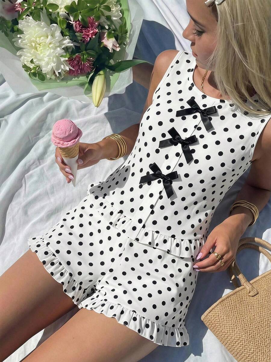 2pcs Set Teen Girl Summer Polka Dot Bow Sleeveless Top Ruffle Hem Shorts Set,Sweet Spicy Style,Cute,Parties,Vacation Outings - White - View 1