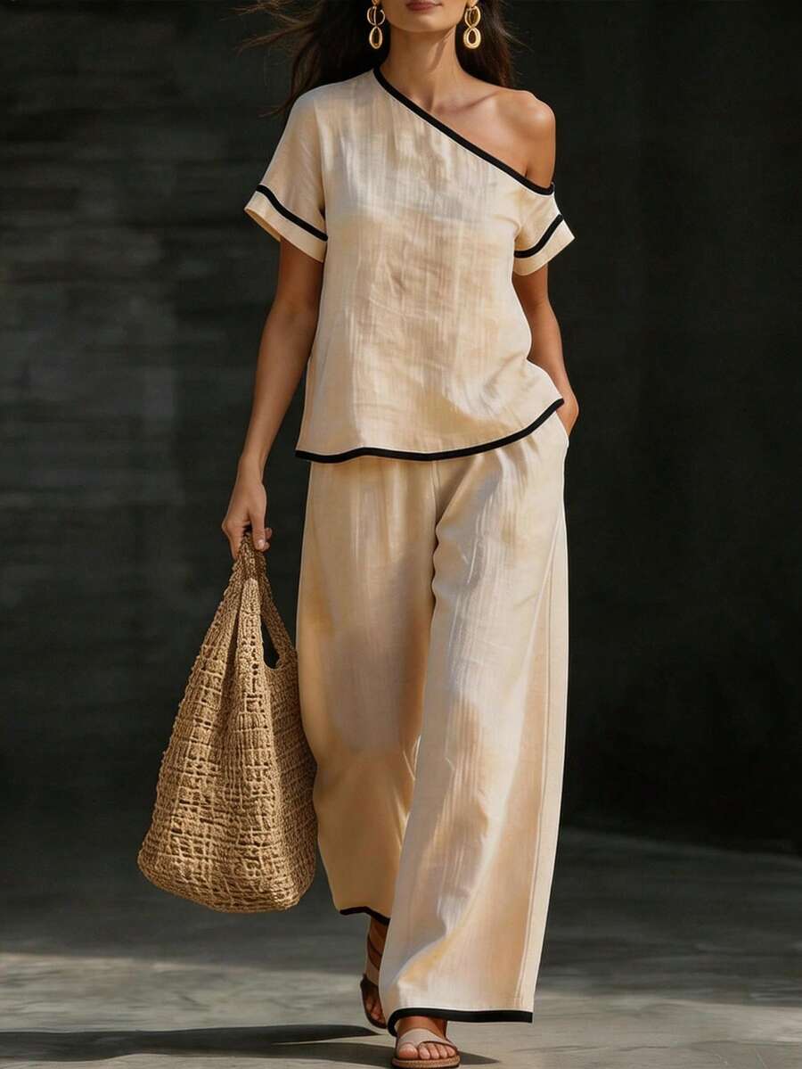 Breezaya Women's Black And Beige Contrast Trim 2-Piece Set,Asymmetric Neck Top+Pants,Summer Modest Holiday Vacation,Textured Fabric Outfit