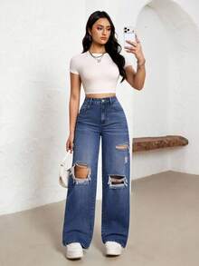 SHEIN Tall 女款休閒百搭日常牛仔褲，附口袋與鈕扣磨損設計，適合高個女性 - 藍色 - 查看 4