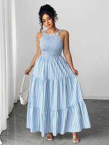 Elenzga Plus Size Women's Halter Neck Blue And White Vertical Striped Waist-Defining Elegant Dress - Baby Blue - View 7