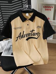SHEIN Squishy Polo 童裝大童男童休閒學院風拼色字母圖案卡其色 Polo 衫，Y2K 上衣，夏季上衣，適合春/夏、情人節、夏季穿搭、海灘週末、家庭聚會、返校季、婚禮季、運動、生日派對 - 彩色 - 查看 4