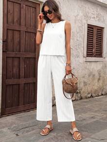 EMERY ROSE Women's Solid Color Round Neck Top And Long Pants Casual Daily 2 Pieces Set Vacation White Summer - White - View 3