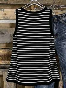 SHEIN Plus Size Women's Simple Casual Versatile Striped Round Neck Tank Top - Black and White - View 2