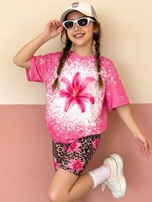 SHEIN 青少年女孩休閒時尚寬鬆T恤與緊身褲套裝，休閒/度假/外出/可愛/少女風/花卉/海灘派對/豹紋印花 - 粉色 - 查看 3