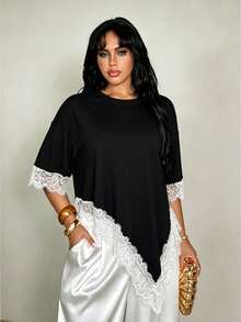 Rustia Plus Size Women's Lace Patchwork Asymmetrical Hem Round Neck T-Shirt - Black - View 1