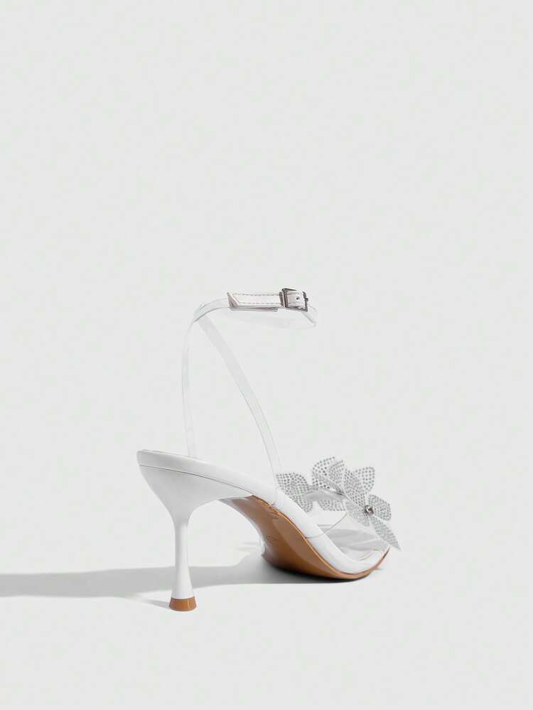 CUCCOO SZL Women Shoes Summer Pointed Stiletto White Ankle Strap Rhinestone Standing Flowers Fashion Sexy Banquet Party Nightclub Women High Heels Open-Toed Sandals