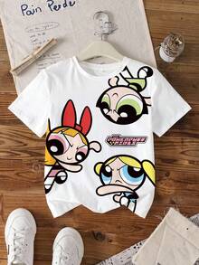 THE POWERPUFF GIRLS X SHEIN Tween Girl Cartoon Print Short Sleeve T-Shirt - White - View 8