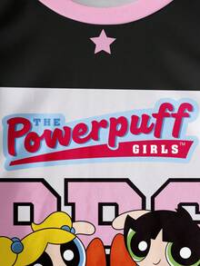 THE POWERPUFF GIRLS X SHEIN 女婴花朵、泡泡、毛茛图案撞色圆领短袖上衣 - 白色 - 查看 4