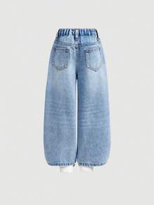 SHEIN 女童 Y2K 破洞復古街頭風休閒軟質寬鬆淺藍色牛仔寬腿牛仔褲，夏季，兒童返校季 - 淺色水洗藍 - 查看 3