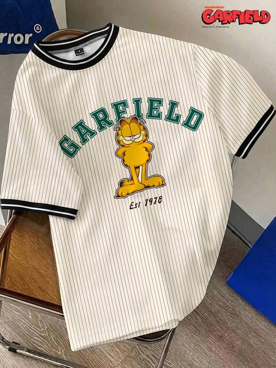 GARFIELD | SHEIN Manfinity Joysei 男士条纹字母印花撞色圆领短袖T恤 - 杏色 - 查看 1