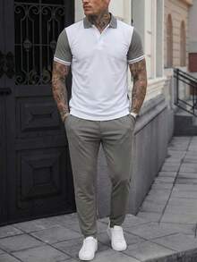 Manfinity CasualCool Men's Minimalist Button Half-Placket Short Sleeve Contrast Color Polo Shirt And Drawstring Waist Pocket Long Pants Set - White - View 1