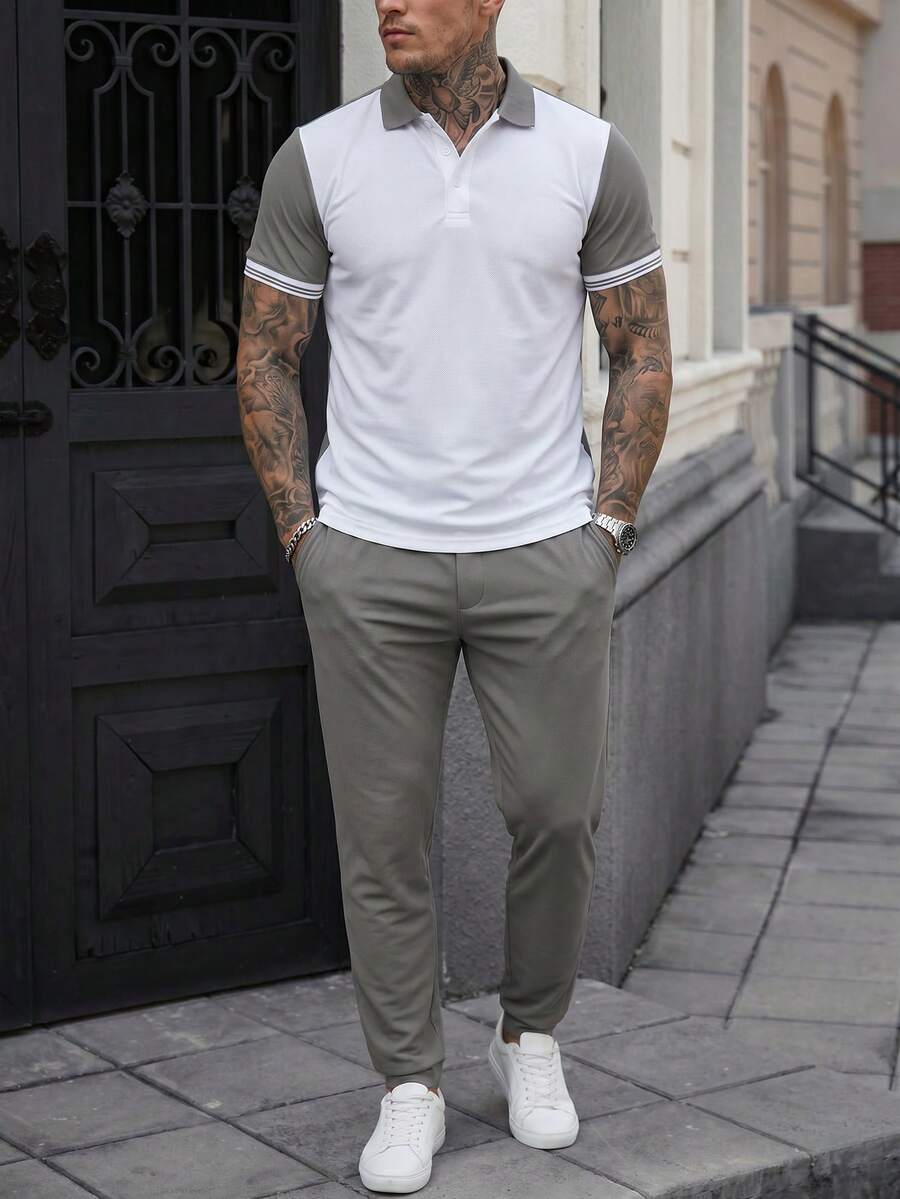 Manfinity CasualCool Men's Minimalist Button Half-Placket Short Sleeve Contrast Color Polo Shirt And Drawstring Waist Pocket Long Pants Set - White - View 1