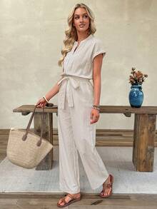 EMERY ROSE Jumpsuit Kasual Wanita Warna Polos dengan Resleting Depan dan Tali Pinggang - Khaki - View 6