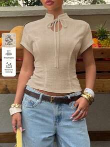 Muchica 米色休閒優雅法式通勤場合編織女款繫帶T恤，夏季上衣 - 卡其色 - 查看 5