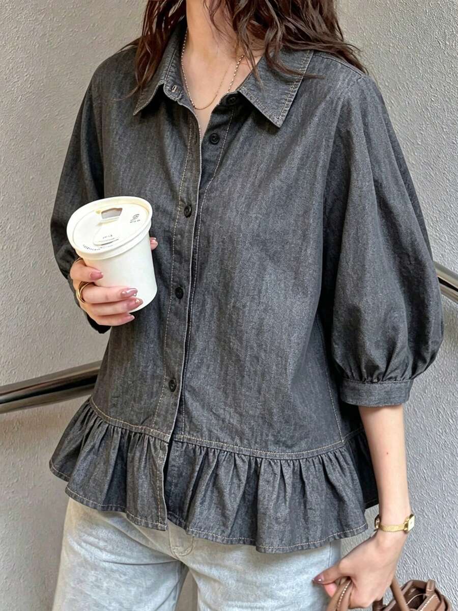 FRIFUL Women's 3/4 Sleeve Single-Breasted Ruffle Hem Pocket Shirt - Navy Blue - View 1