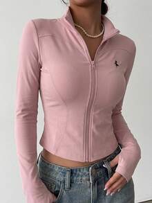 DAZY Women Solid Color Elastic Mock Neck Fitted Long Sleeve Jacket, Casual Sports Spring/Autumn - Pink - View 7