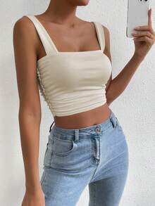 Allurite Women's Solid Color Pleated Crop Fitted Camisole For Summer - Beige - View 7