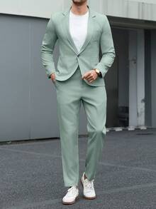Manfinity Mode Conjunto de traje casual para hombre con cuello de solapa de unicolor, primavera/verano, formal, ceremonia - Verde - Ver 5