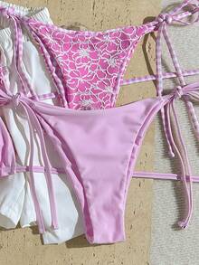 Swim Oasis 4件組夏季度假泳裝套裝，隨機甜美粉色花卉印花可正反穿，掛脖三角比基尼上衣與高衩比基尼泳褲，性感比基尼套裝，辣妹掛脖綁帶泳裝套裝，適合海邊拍照 - 彩色 - 查看 5