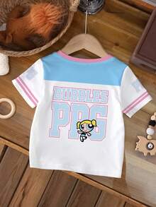 THE POWERPUFF GIRLS X SHEIN 女童字母卡通印花圆领短袖休闲T恤 - 白色 - 查看 2