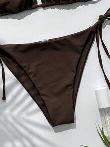 Swim Mod Women's Summer Halter Neck Triangle Cup Side Tie Sexy Dual Fabric Bikini Swimsuit For Beach Vacation - Brown - View 5