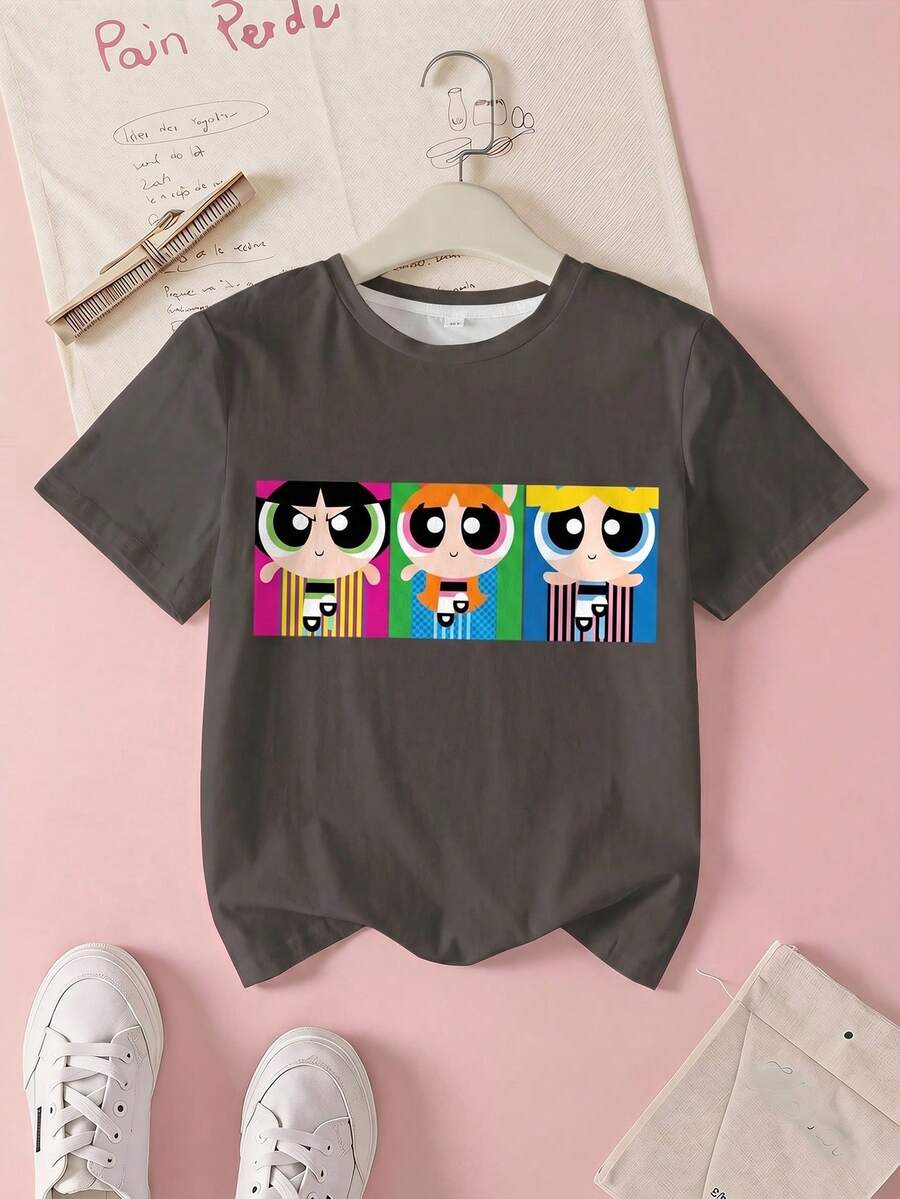 THE POWERPUFF GIRLS X SHEIN Tween Girls' Casual Cartoon Print Round Neck Short Sleeve T-Shirt, Summer - White - View 1