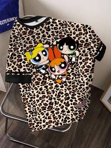 THE POWERPUFF GIRLS X SHEIN 大尺碼女款豹紋圓領短袖T恤 - 白色 - 查看 5