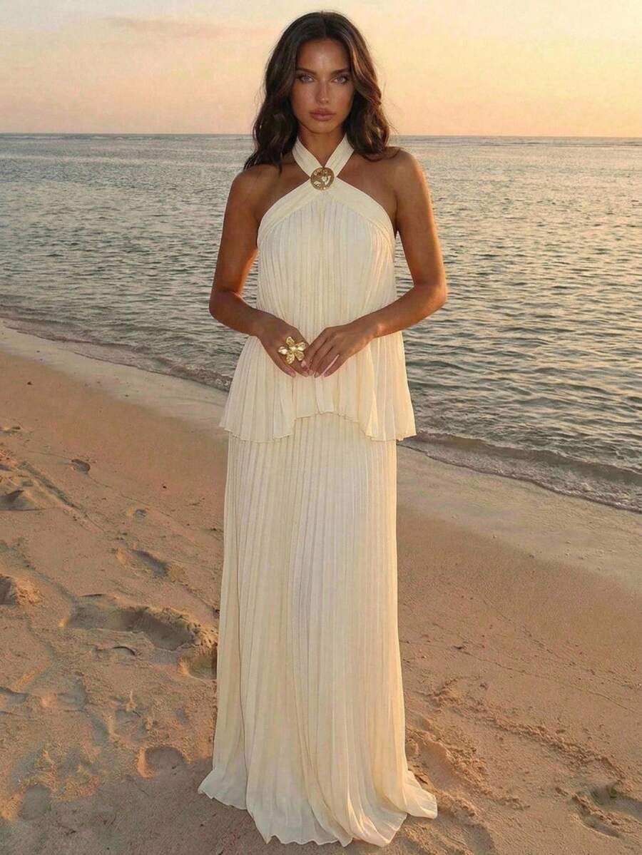 Aloruh 米色褶皱浪漫度假长裙，女神海滩风