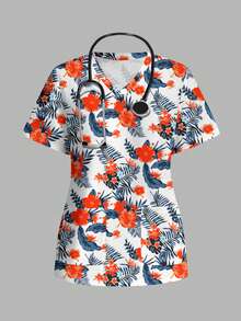 PopScrub Women's Vacation Palm Leaf Floral Hibiscus Pattern Scrub Uniform Top - Multicolor - View 3